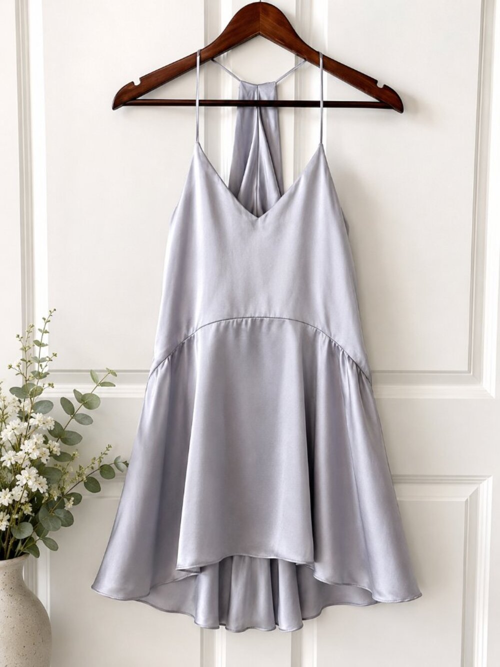 E.SSUE Y2K Satin Halter Mini Dress Silver Open Back Pockets Cocktail Party S